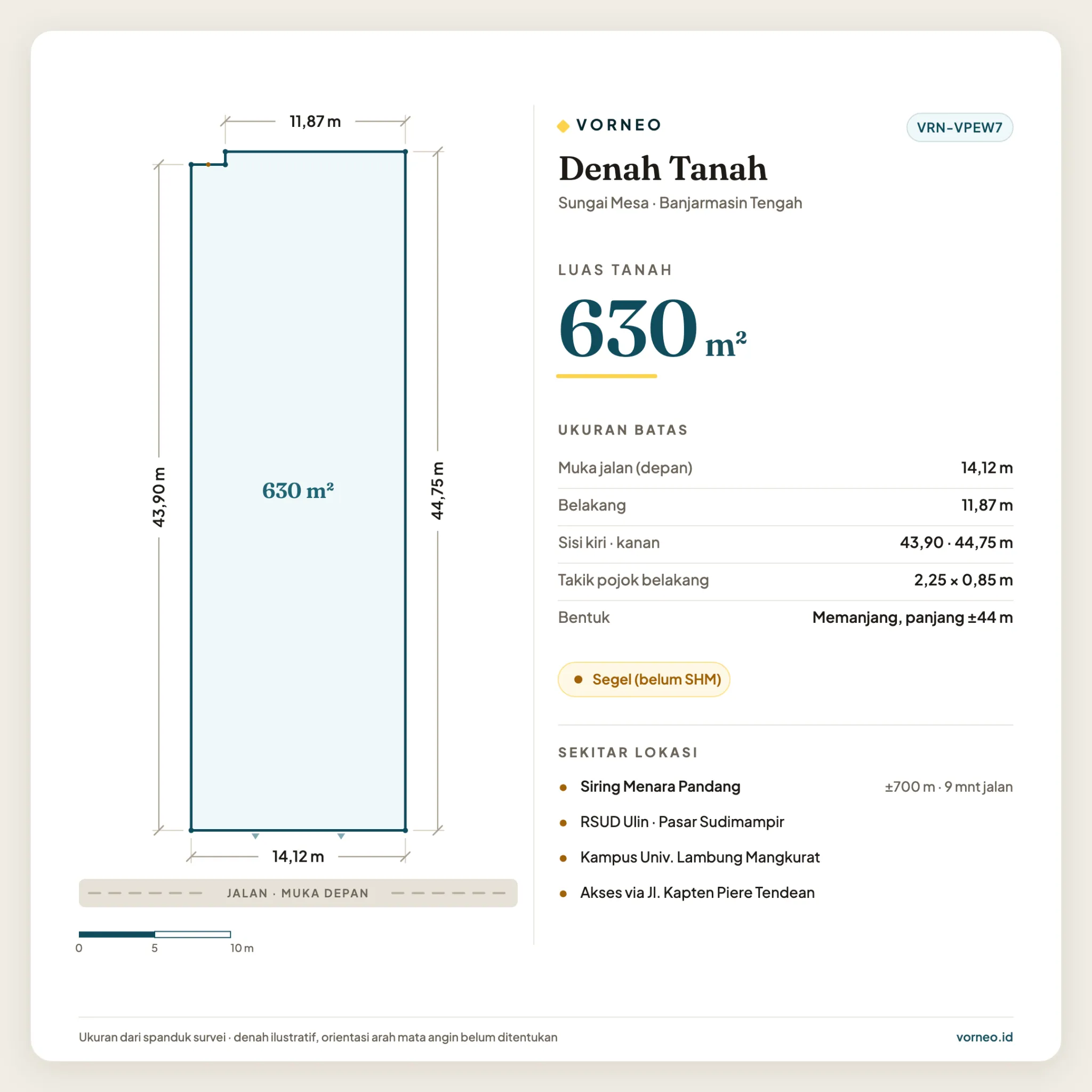 Tanah Dijual 630 m² Dekat Siring Menara Pandang, Banjarmasin
